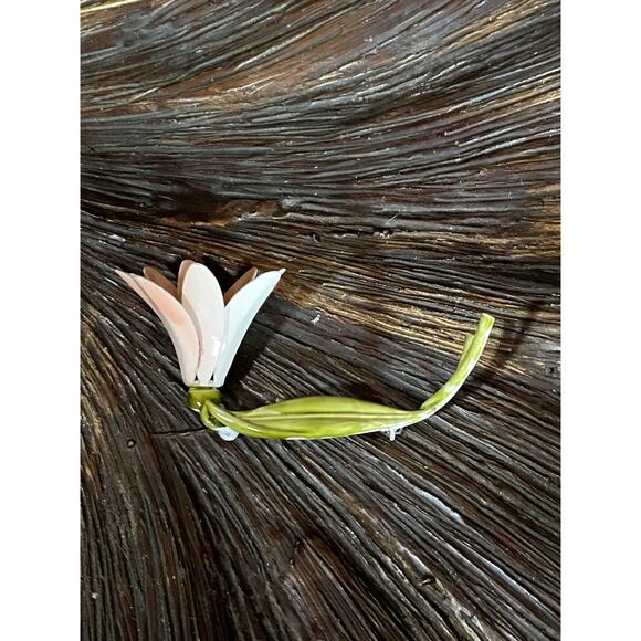 Vintage Pink and Green Enamel Flower Brooch with Stem - Picture 3 of 4